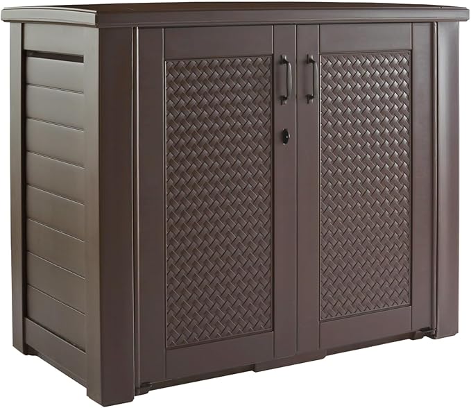 Rubbermaid Decorative Outdoor Storage Cabinet (123 Gal), Weather Resistant, Brown, Organization for Home/Backyard/Pool Chemicals/Toys/Garden Tools/Porch/Patio Cushions by Rubbermaid