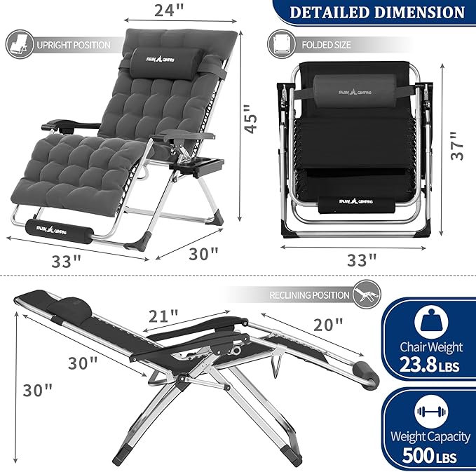 UDPATIO Oversized Zero Gravity Chair Set of 2, 29In XXL Patio Reclining Chair with Cushion, Outdoor Folding Recliner with Pillows|Cup Holder|Foot Rest|Padded Headrest, Burgundy, Support 500LB - Image 3
