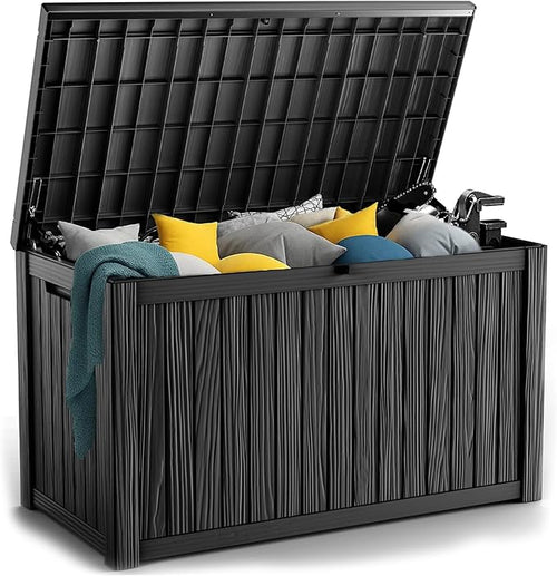 180 Gallon Resin Deck Box, Lockable Patio Outdoor Storage Box for Furniture, Garden Tools and Tools Storage, Waterproof Outside Storage Boxes - Black by OutdoorLivingPerfected