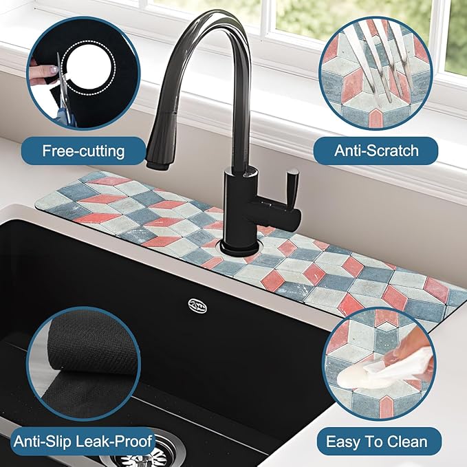 Red Gray Tile Kitchen Sink Splash Guard Faucet Mat Red White Diamond Super - Image 4
