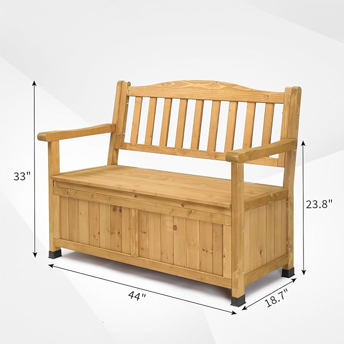 Outvita Outdoor Wood Storage Bench, Wooden Large Deck Box with Seating & Armrest, Waterproof Patio Organizer Loveseat for Garden Porch Deck Backyard Poolside(Yellow) - Image 2