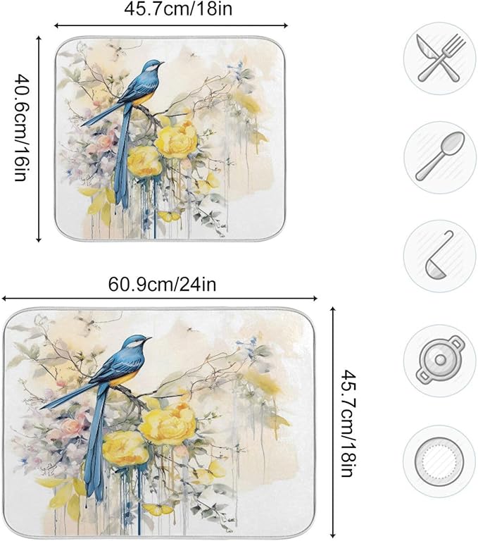 ALAZA Spring Blue Bird with Yellow Flowers Butterflies Dish Drying Mat - Image 3