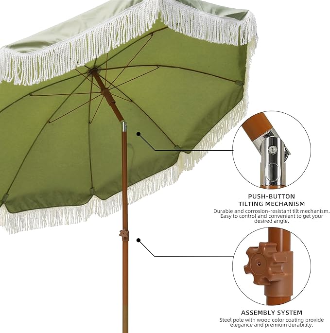 AMMSUN 7ft Patio Umbrella with Fringe Outdoor Tassel Umbrella UPF50+ Premium Steel Pole and Ribs Push Button Tilt, Sage Green - Image 4