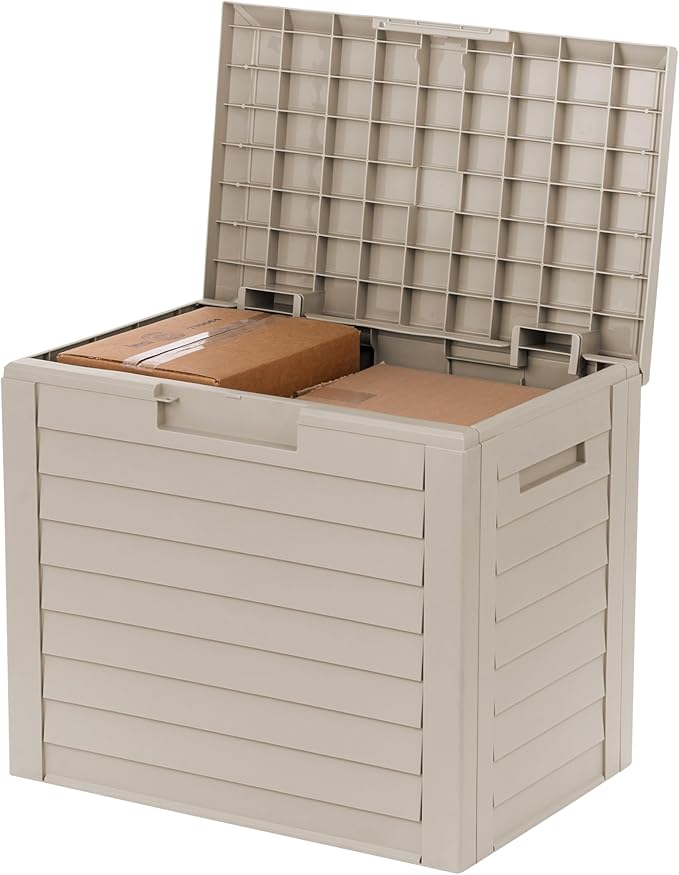 IRIS USA 35-Gallon Outdoor Deck Delivery Storage Box, Lockable & UV-Protected, Weather-Resistant Patio Storage for Cushions, Garden Tools & Packages, Waterproof Resin, Durable & Stylish Design - Beige by IRISUSA