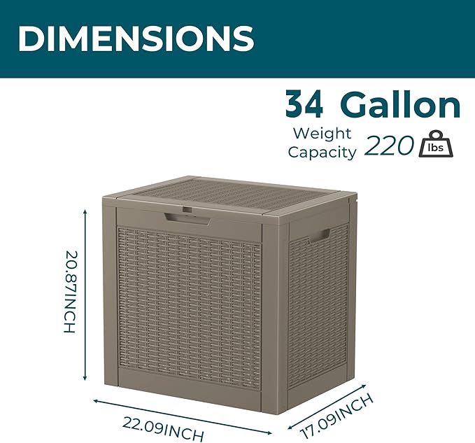 DRATO 34 Gallon Deck Boxes Resin Outdoor Storage Box UV Resistant Outside Deck Box with Lockable Lid for Patio Furniture（Grey，34 Gallon） - Image 3