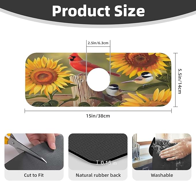 Sunflowers and songbirds Kitchen sink faucet pad, strong water absorption - Image 2