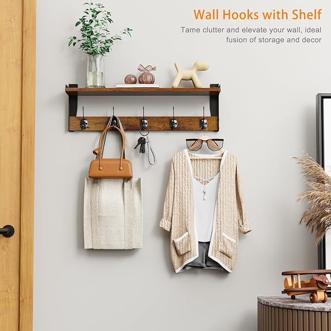 Coat Rack with Wall Mount, 23 Inch Long Entryway Wall Shelf with Hooks - Image 2