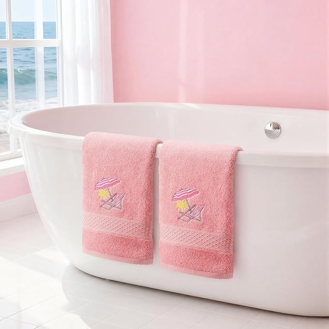 2 Pcs Beach Chair Hand Towels Pink Bathroom Decor 14x29 Inch Embroidered 100% - Image 5
