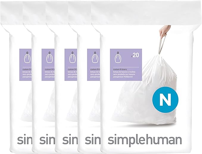 simplehuman Code N 100 Count, Dispenser Pack Custom Fit Liners, Drawstring by Simplehuman