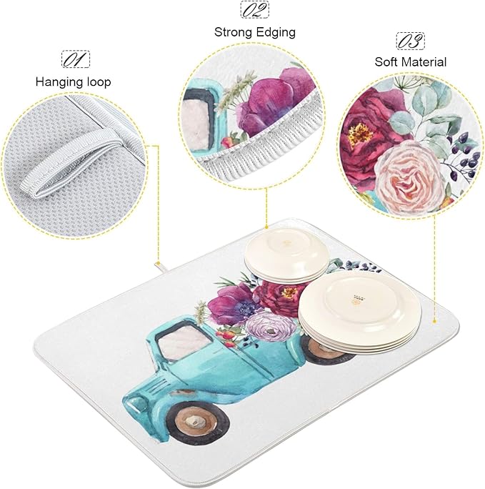 ALAZA Blue Trolley Truck Purple Rose Flower Dish Drying Mat - Image 4
