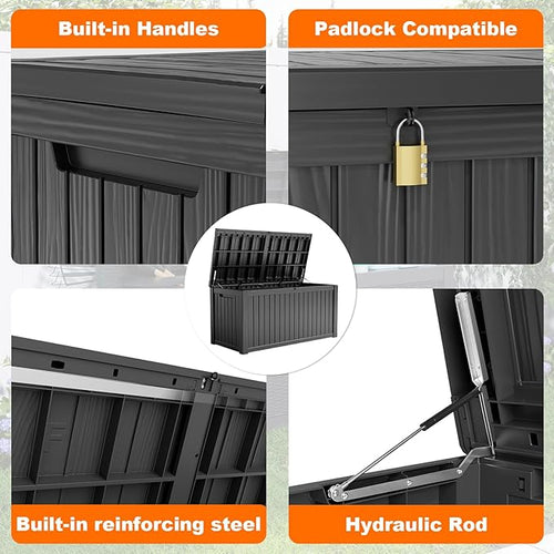 180 Gallon Resin Deck Box, Lockable Patio Outdoor Storage Box for Furniture, Garden Tools and Tools Storage, Waterproof Outside Storage Boxes - Black - Image 2