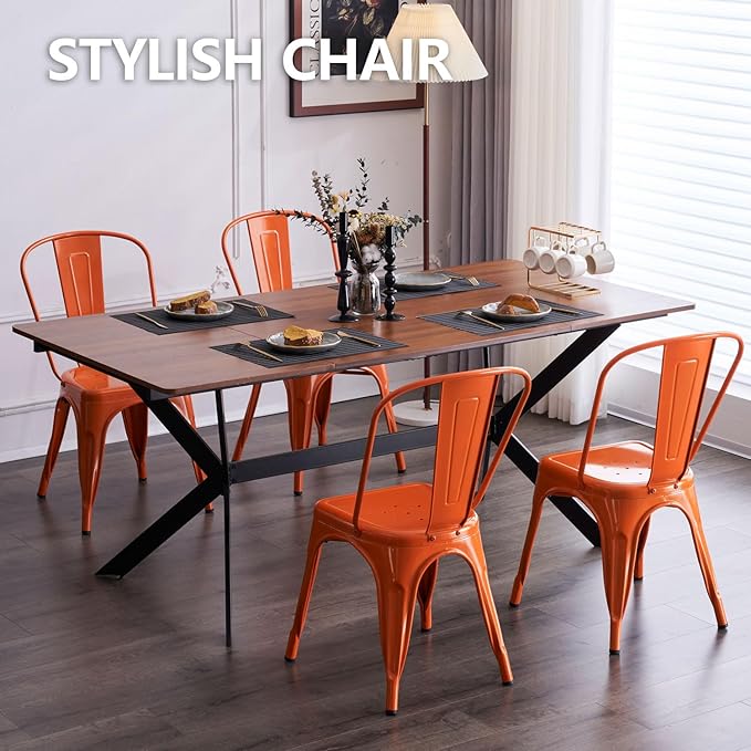 Nazhura Metal Dining Chair Farmhouse Tolix Style for Kitchen Dining Room Café Restaurant Bistro Patio, 18 Inch, Stackable, Waterproof Indoor/Outdoor (Sets of 4) (Orange, Steel Seat) - Image 6