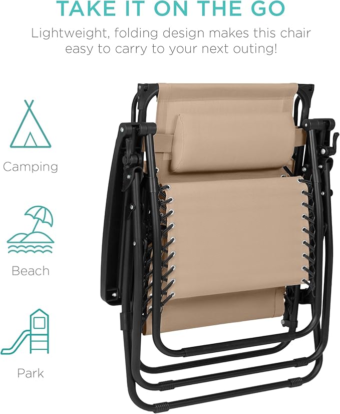 Best Choice Products 30” Wide Folding Zero Gravity Outdoor Recliner Patio Lounge Chair w/Adjustable Canopy Shade, Headrest, Side Accessory Tray - Beige - Image 9