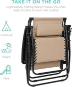 Best Choice Products 30” Wide Folding Zero Gravity Outdoor Recliner Patio Lounge Chair w/Adjustable Canopy Shade, Headrest, Side Accessory Tray - Beige - Image 9