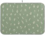 Sage Green Dish Drying Mat Quick Absorbent 16x18 Doodled Botany Flowers Leaves by Wamika