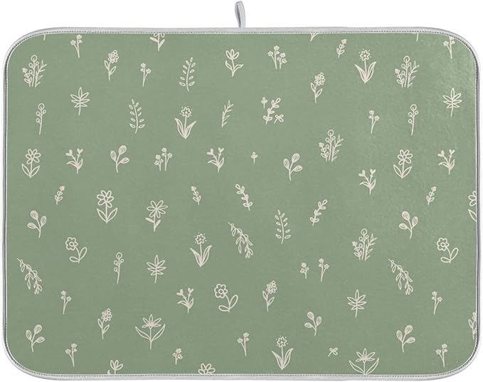Sage Green Dish Drying Mat Quick Absorbent 18x24 Doodled Botany Flowers Leaves by Wamika