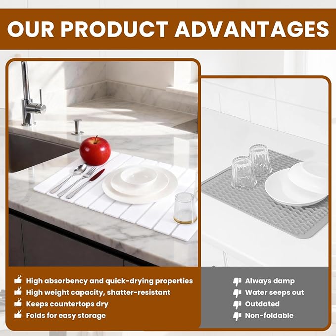 2 Pack Stone Drying Mat for Kitchen Counter, Large Diatomaceous Earth Dish - Image 6