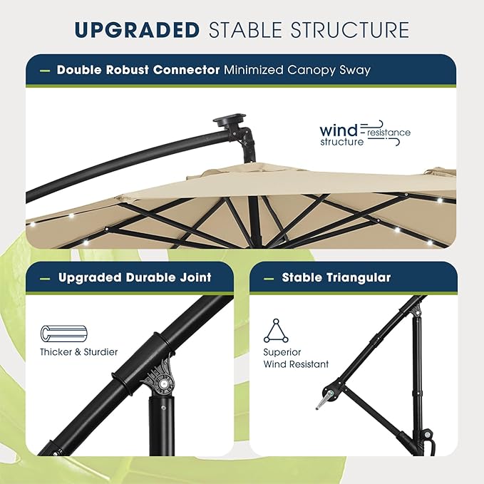 wikiwiki 10ft Solar LED Patio Umbrella with Base Included, Offset Umbrella with Weighted Sandbag Base, Cantilever Patio Umbrellas for Backyard, Garden & Deck, 32 LED Lights & Polyester Shade, Beige - Image 7