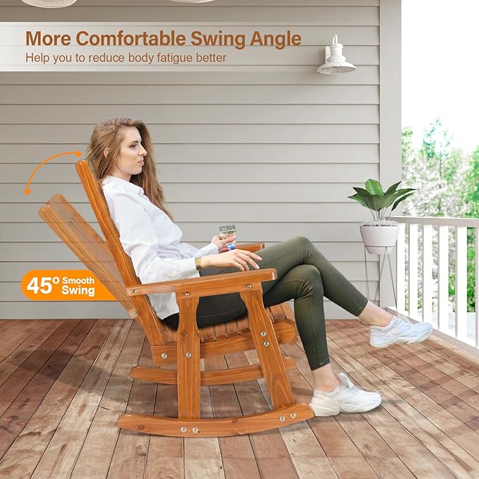 VINGLI Heavy Duty 600 LBS Outdoor Wooden Rocking Chair with Higher Backrest,Patio Rocking Chair with Ergonomic Design, Weatherproof Outdoor Rockers Suit for Patio, Garden, Balcony, Yard - Image 4