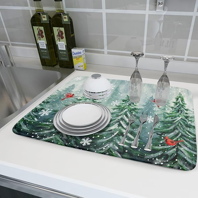 Welcome Winter Pines Tree Dish Drying Mat, Winter Snowflake Dish Drying Mat - Image 6