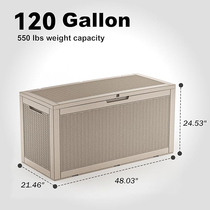 120 Gallon Resin Deck Box, Lockable Patio Outdoor Storage Box for Furniture, Garden Tools and Tools Storage, Waterproof Outside Storage Boxes - Grey - Image 7