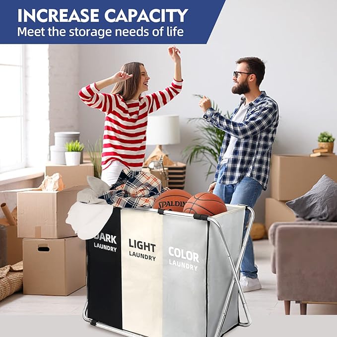 Laundry Cloth Hamper Sorter Basket Bin Foldable 3 Sections - Image 3