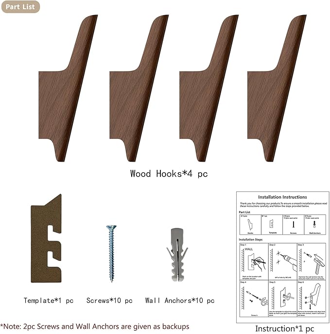Wood Wall Hooks 4 Pack Coat Hooks Wall Mount Walnut Wooden Hooks - Image 9