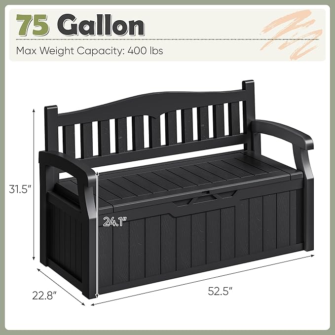 Homall 75 Gallon Outdoor Storage Benches Lockable Deck Box with Waterproof and UV Resistant, Waterproof Storage Box for Patio Furniture, Tools, Cushions (Black) - Image 3