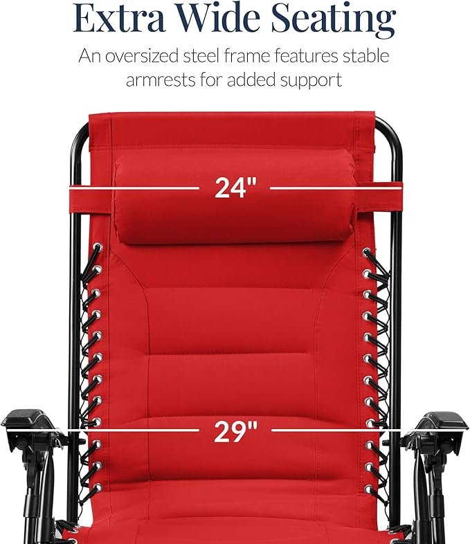 Best Choice Products Oversized Padded Zero Gravity Chair, Folding Outdoor Patio Recliner, XL Anti Gravity Lounger for Backyard w/Headrest, Cup Holder, Side Tray, Polyester Mesh - Crimson Red - Image 3