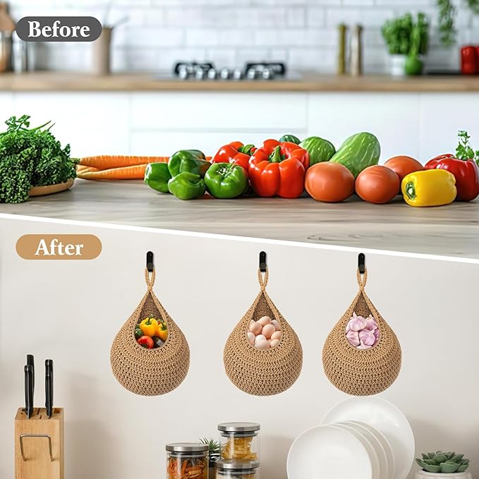 Hanging Fruit Baskets for Kitchen, 3 Pack Boho Wall Hanging Basket for Fruits & - Image 6