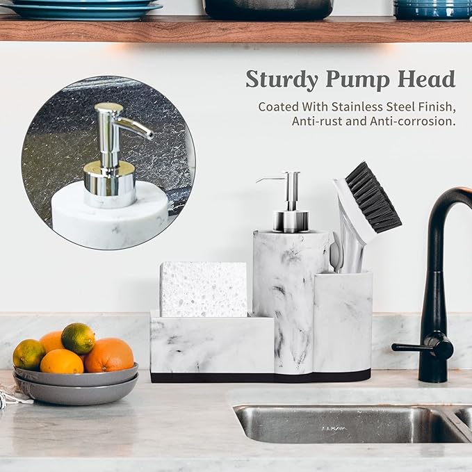 zccz Soap Dispenser with Sponge Holder and Brush Holder, Marble Pattern Kitchen - Image 4