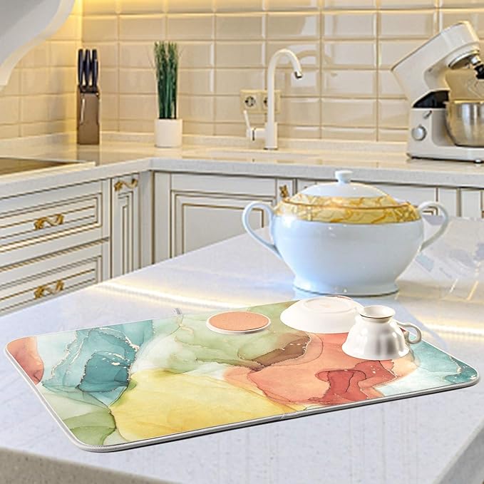 ALAZA Orange Yellow Teal Blue Geen Marble Ink Abstract Fluid Art Dish Drying Mat - Image 6