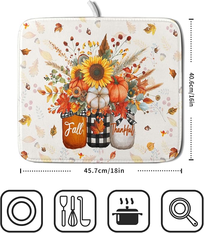 Autumn Pumpkin Dish Drying Mat 16x18 Inch Sunflower Flower Vase Washable - Image 2