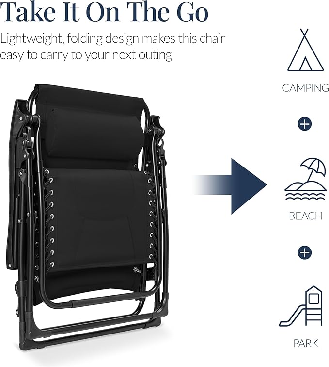 Best Choice Products Oversized Padded Zero Gravity Chair, Folding Outdoor Patio Recliner, XL Anti Gravity Lounger for Backyard w/Headrest, Cup Holder, Side Tray, Polyester Mesh - Black - Image 5