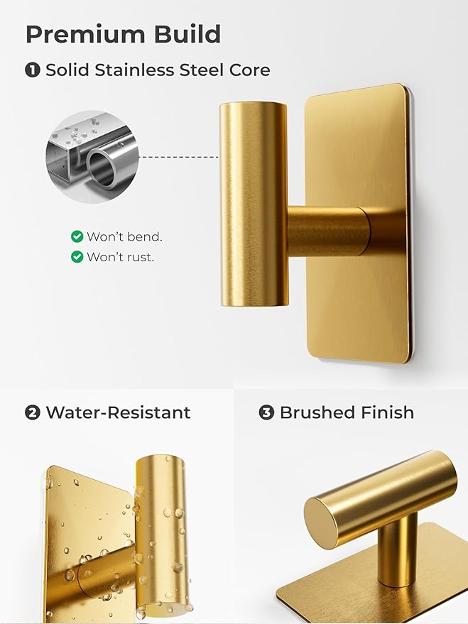 Towel Hooks for Bathrooms – 2 Pack, Brushed Gold Finish, T-Shaped Stainless - Image 4