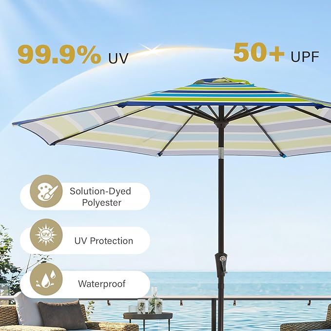 MEWAY 9ft Patio Umbrella Outdoor Table Umbrellas with Push Button Tilt and Crank, Market Umbrella 8 Sturdy Ribs for Deck, Garden, Pool and Backyard, Blue-Green Stripe - Image 5