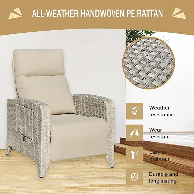 Outdoor Recliner Chairs Set of 2 Reclining Patio Chairs with Adjustable Back and Extended Footrest Wicker Rattan Recliner Chairs with Flip Table and Removable Cushion - Image 5