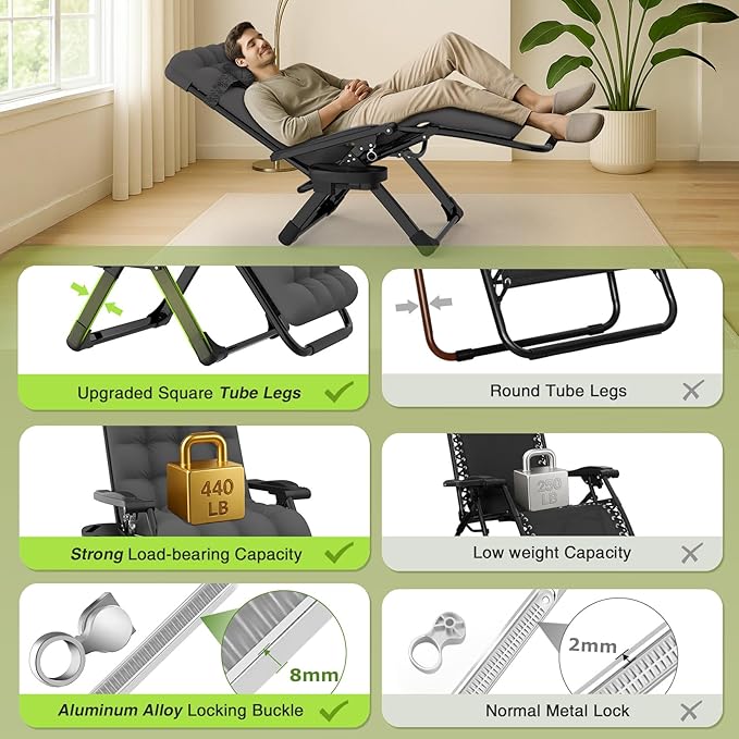 Suteck Zero Gravity Chair, Reclining Camping Lounge Chair w/Removable Cushion, Upgraded Lock and Cup Holder, Reclining Patio Chairs Folding Recliner for Indoor and Outdoor - Image 8
