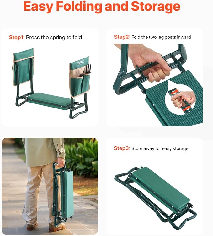VEVOR Garden Kneeler and Seat Heavy Duty, Portable Garden Stool with 6'' EVA Kneeling Pad and 2 Tool Bags, Folding Garden Bench to Relieve Knee & Back Pain, Great Gifts for Seniors, Family Gardeners - Image 7