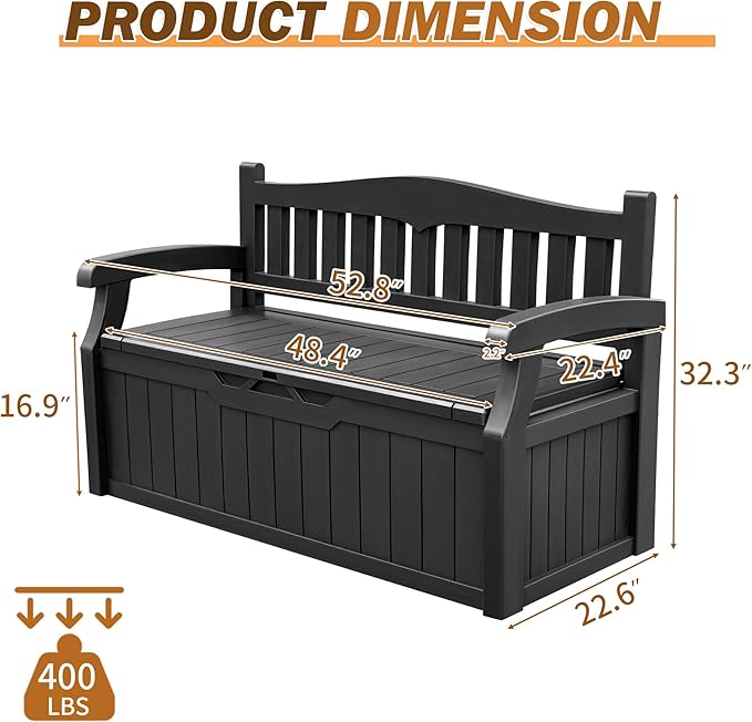 Devoko 80 Gallon Storage Bench Deck Box Lockable for Patio Furniture, Garden Decor and Outdoor Seating for Cushions, Garden Tools and Pool Supplies (Black) - Image 3