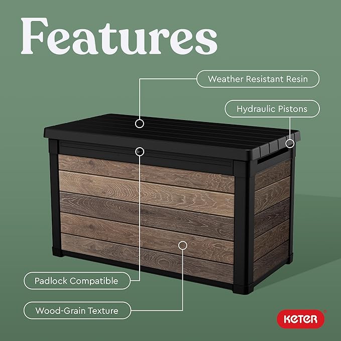 Keter Walnut 100 Gallon Resin Deck Box-Organization and Storage for Patio Furniture Outdoor Cushions, Throw Pillows, Garden Tools and Pool Toys - Image 4
