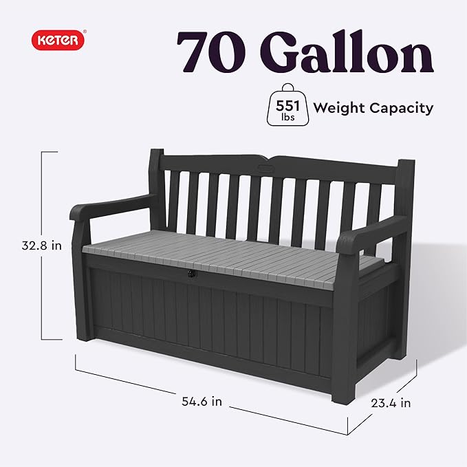 Keter Solana 70 Gallon Storage Bench Deck Box for Patio Storage, Front Porch Decor and Outdoor Seating – Perfect to Store Garden Tools and Pool Floats, Graphite - Image 3