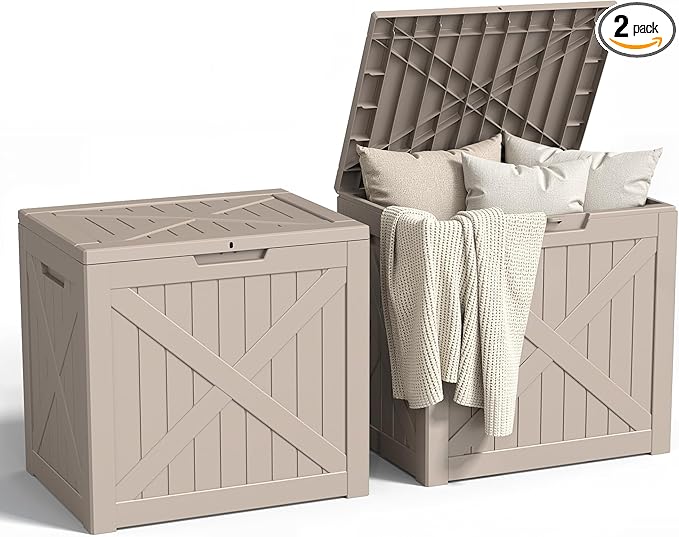31 Gallon Outdoor Storage Box, Large Resin Deck Box for Patio Cushions, Garden Tools, Pool Accessories, Waterproof and Lockable Design, Storage Bench for Backyard & Deck(Gray) by Unknown