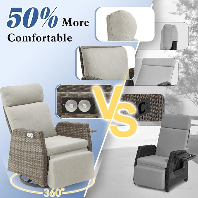 Adjustable Outdoor Recliner Chair with Independent Backrest & Footrest, Patio Swivel Recliner Chair, Wicker Reclining Patio Chair w/Flip-Up Table, Air Pump 155° Lay Flat Chaise Lounge, Gray - Image 5