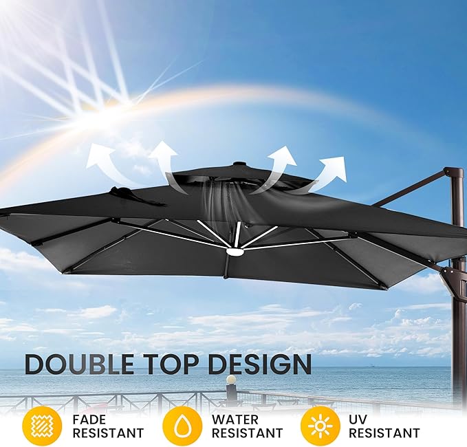 10 X 13 FT Cantilever Patio Umbrella with LED Lights Outdoor Heavy Duty Double Top Windproof Rectangle Offset Umbrellas with 360-degree Rotation for Pool Deck Backyard, Black - Image 8