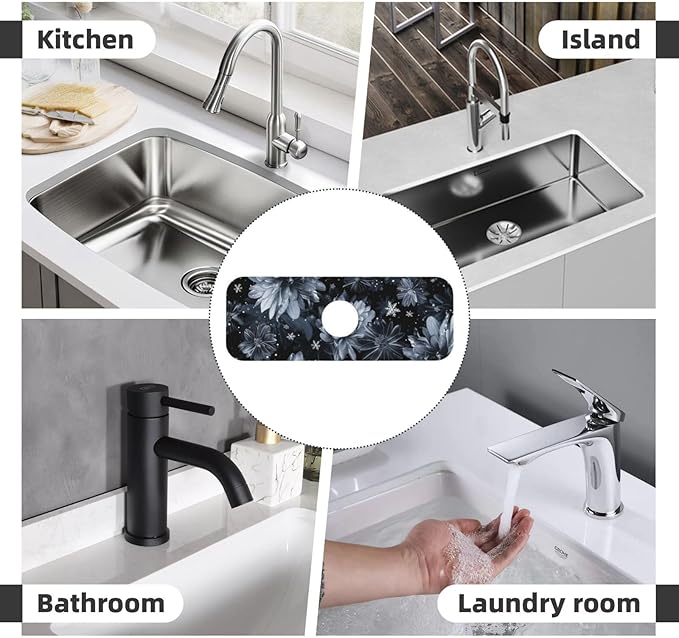 Faucet Draining Mat For Kitchen Sink, Stylized Gray Chrysanthemum Flowers - Image 8