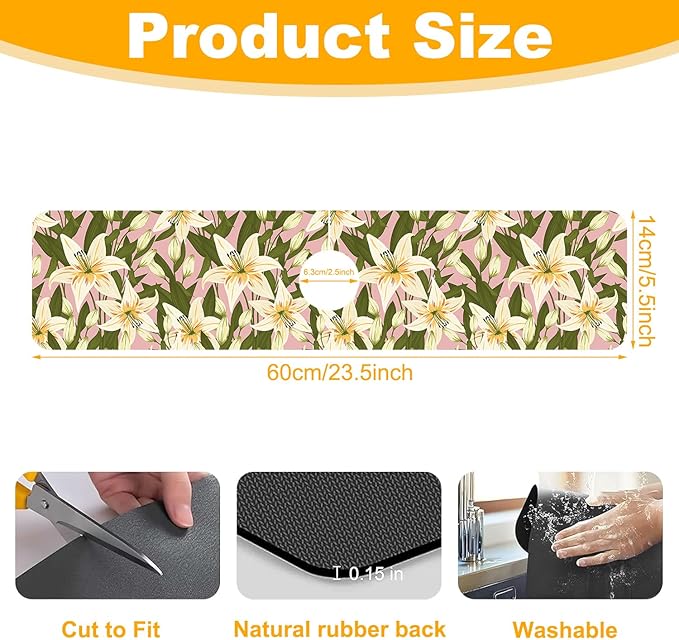 2 Pack Vintage Flowers Leaves Sink Faucet Absorbing Mat Colorful Llilies Super - Image 2