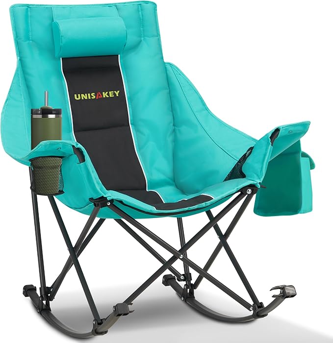 Oversized Rocking Camping Chair with Headrest & Cup Holder - 400lbs Capacity, 600D Oxford Fabric, Easy Fold Portable Outdoor Rocker Chair for Camping, Backyard, Beach, Blackgreen by Unknown