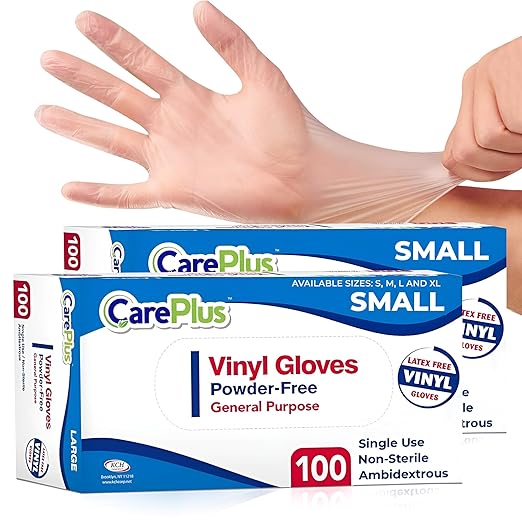 CARE PLUS Vinyl Gloves Clear Small Size 200 Count | Heavy Duty, Non-Sterile by CarePlus
