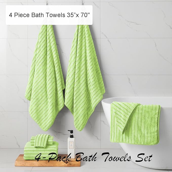 4 Pcs Grass Green Cabana Stripe Large Bath Towels 35"x70" Oversized Bath Sheet - Image 3